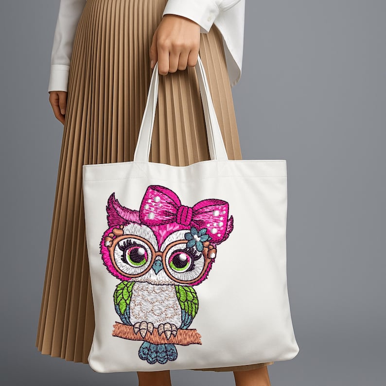 White tote bag with Pink Bow Owl Embroidery Design – Cute Digital Machine Embroidery File for Hoop Sizes 3 to 8 Inches