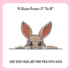 以下が含まれることがあります： 線から覗く茶色のウサギの刺繍デザイン。ウサギはピンク色の内側と大きな目を持つ大きな耳を持っています。上のテキストは「11サイズ、7.6cmから20.3cm」と書かれており、下にはファイルタイプの略語があります。