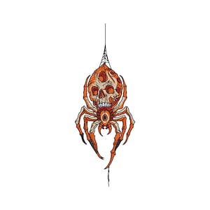 May include: An embroidered patch design featuring a spider with a skull-shaped abdomen in shades of orange, cream, and black. The spider is suspended from a thin black web line, with detailed stitching highlighting the skull features and legs.