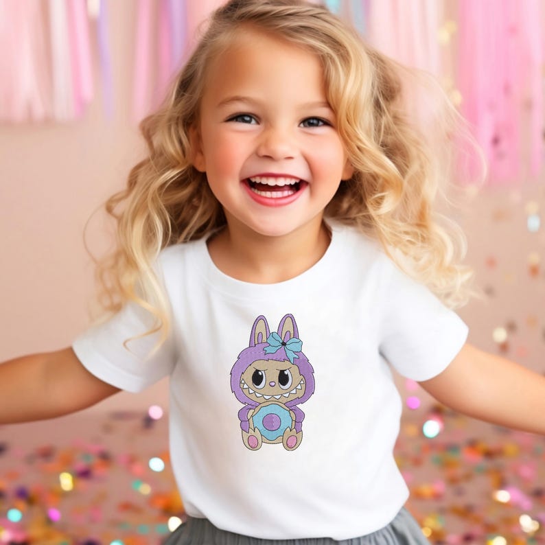 Smiling child wearing a white t-shirt with a purple bunny monster embroidery design, shown in a festive kids' mockup for digital machine embroidery download