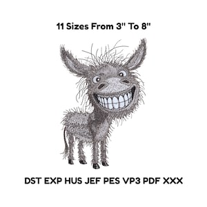 May include: An embroidered design of a smiling donkey with a large grin and detailed fur. The text above reads "11 Sizes From 7.6cm To 20.3cm", indicating various size options. The design includes file format options.