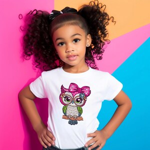 Little girl wearing white t-shirt with Pink Bow Owl Embroidery Design – Cute Digital Machine Embroidery File for Kids Clothes Hoop 3 to 8 Inches