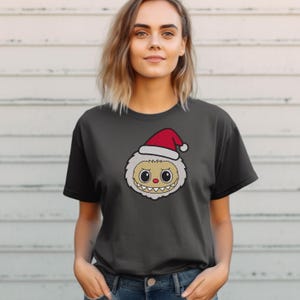 Woman wearing white t-shirt with kawaii monster bunny embroidery design – cute cartoon-style machine stitch mockup