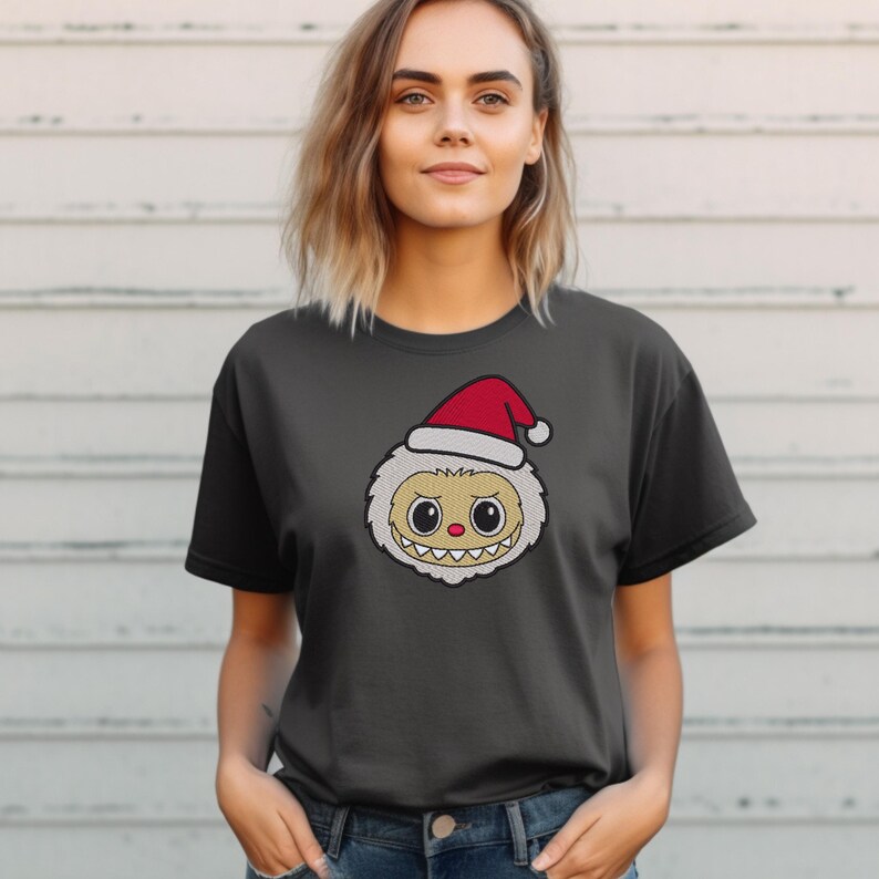 Woman wearing white t-shirt with kawaii monster bunny embroidery design – cute cartoon-style machine stitch mockup