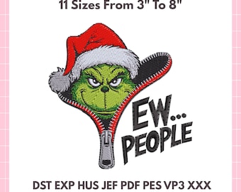 Grinch Zipper Embroidery File – 11 Size Digital Download for Christmas Projects – DST PES JEF