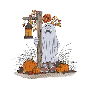 May include: An embroidery design featuring a white ghost standing next to a wooden post. A hanging lantern, orange pumpkins, and autumn foliage with orange flowers and brown acorns surround the ghost. The ghost wears brown shoes.