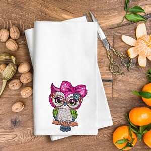 White kitchen towel with Pink Bow Owl Embroidery Design – Digital Machine Embroidery File for Home and Kitchen Projects Hoop 3 to 8 Inches