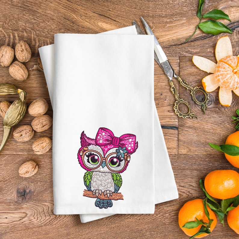 White kitchen towel with Pink Bow Owl Embroidery Design – Digital Machine Embroidery File for Home and Kitchen Projects Hoop 3 to 8 Inches