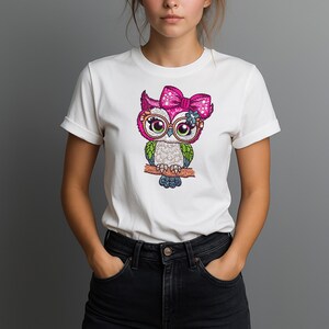 Woman wearing white t-shirt with Pink Bow Owl Embroidery Design – Digital Machine Embroidery File in 11 Sizes for Hoop 3 to 8 Inches