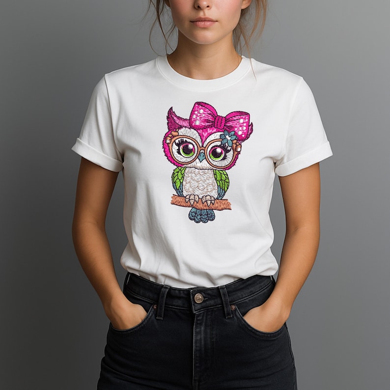 Woman wearing white t-shirt with Pink Bow Owl Embroidery Design – Digital Machine Embroidery File in 11 Sizes for Hoop 3 to 8 Inches
