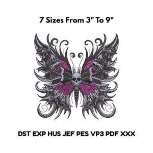 May include: A detailed butterfly design with a skull in the center, featuring black, gray, and purple accents. The wings have intricate patterns, and the text above reads "7 Sizes From 3" To 9". Below, file formats are listed.