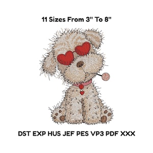 May include: An embroidered design of a seated dog wearing heart-shaped sunglasses and a pink collar with a heart pendant. The dog is holding a lollipop. Text above reads "11 Sizes From 3" To 8".