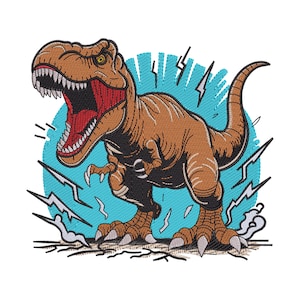 May include: An embroidered patch featuring a brown Tyrannosaurus Rex with an open mouth, sharp teeth, and a red tongue. The dinosaur stands over cracked ground against a bright blue circular background with white lightning bolt accents.
