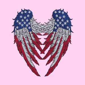 May include: Embroidered design of stylized angel wings in the colors of the American flag. The top portion of each wing is blue with white stars, transitioning to white and red stripes. The wings are set against a light pink background.
