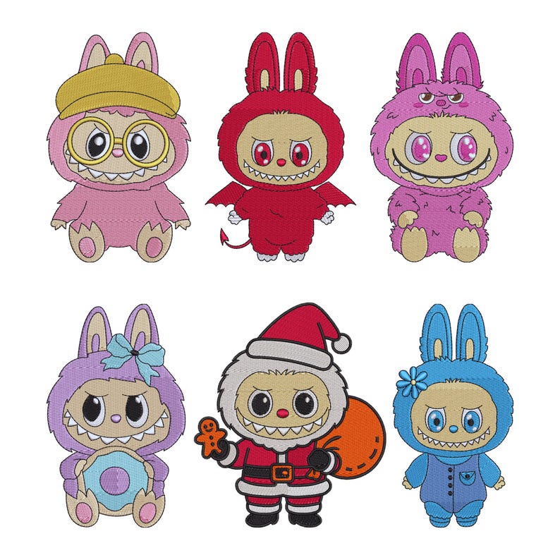 Six kawaii monster embroidery designs featuring cute costumes like Santa, devil, bunny, and more – perfect for Halloween and Christmas projects, digital machine embroidery files in multiple sizes