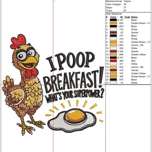May include: An embroidery design featuring a cartoon chicken with a red comb and wattle, and the text "I POOP BREAKFAST! WHAT'S YOUR SUPERPOWER?" An embroidered fried egg is also included. The design is 2.81 inches wide and high.