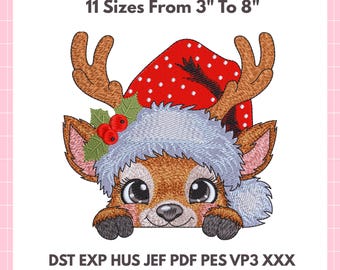 Christmas Reindeer Peeker Embroidery Design – 11 Sizes, Digital Machine File