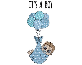 Borduurpatroon met ballonnen voor een babyjongen, aankondiging van de geboorte van een jongen, verkrijgbaar in 7 maten.