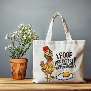Funny chicken embroidery design on tote bag mockup I poop breakfast farm animal machine embroidery pattern