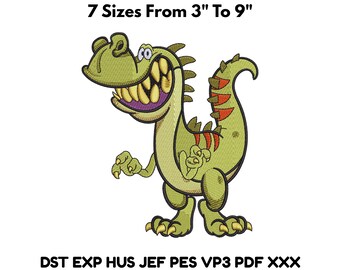 Cartoon Dinosaur Embroidery Design, 7 Sizes 3–9 Inch Funny Dino Machine File