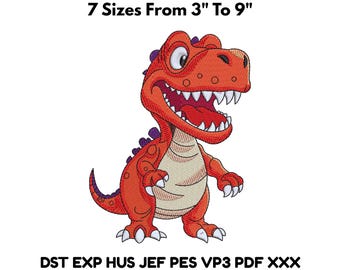 Borduurontwerp cartoon dinosaurus, T-Rex-machinevijl, 3–9 inch