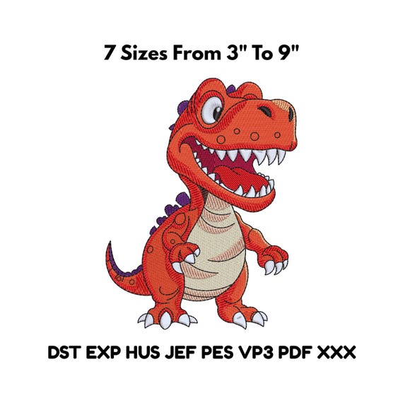Cartoon Dinosaur Embroidery Design, T Rex Machine File, 3–9 Inch Sizes