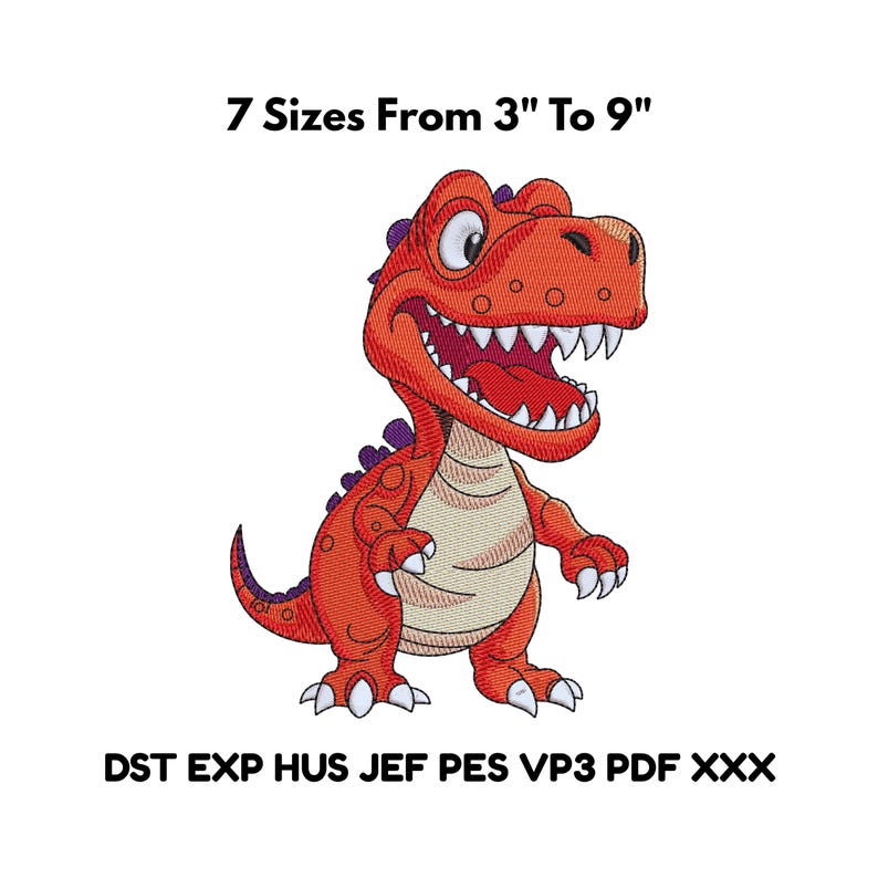 Cartoon dinosaur embroidery design T rex machine file in multiple sizes 3 to 9 inch for kids clothing and embroidery projects