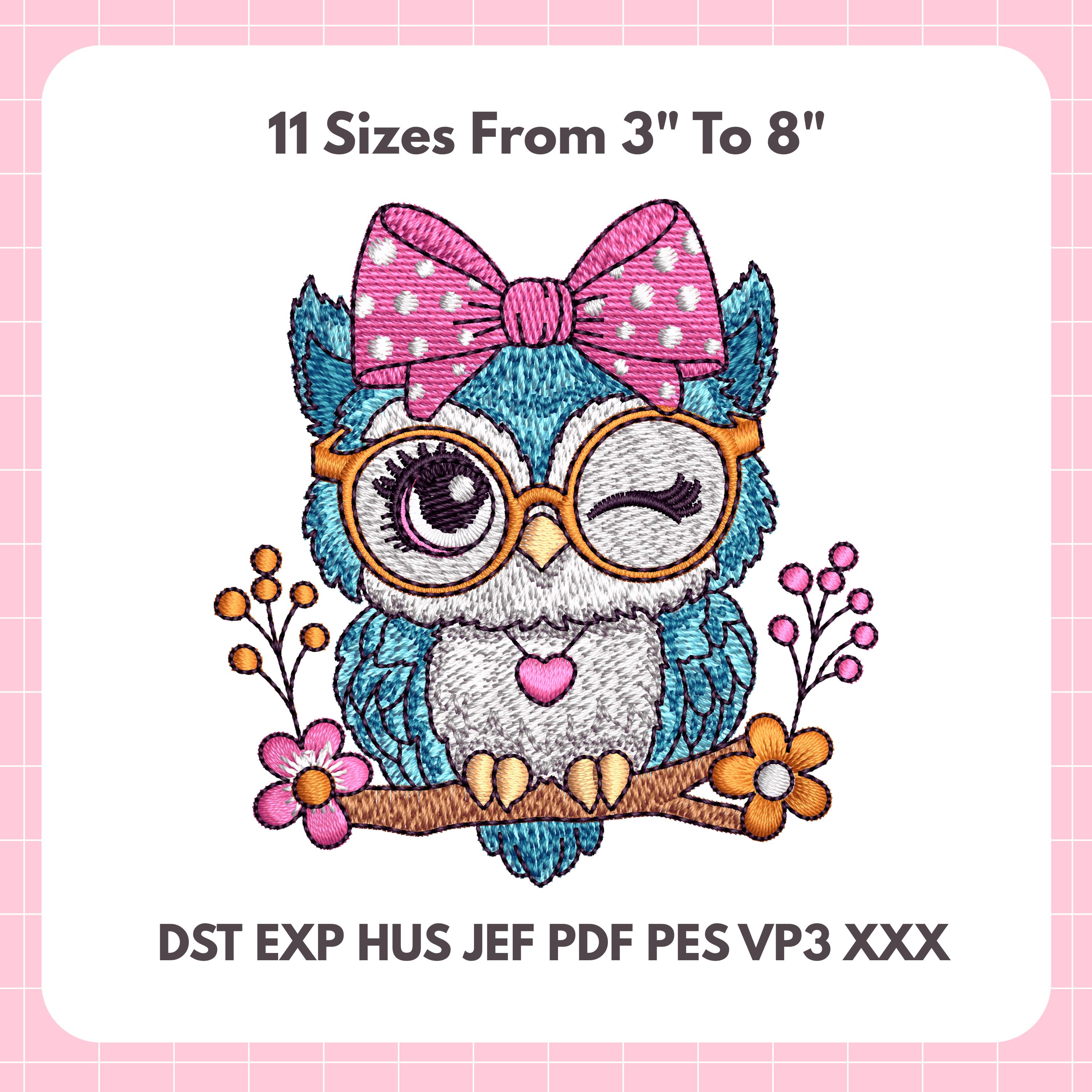 Owl Embroidery Design – Cute Glasses & Bow Digital File 11 Sizes