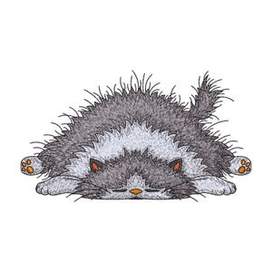 Fluffy Sleeping Cat Embroidery Design, Lying Down Kitten Machine File, 7 Sizes 3–9 Inches