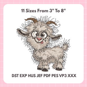 Könnte beinhalten: Cartoon-Illustration einer Ziege mit lächelndem Gesicht, herausgestreckter Zunge und braunen Hörnern. Der Text "11 Größen Von 7.6 cm Bis 20.3 cm" steht darüber. Darunter die Buchstaben "DST EXP HUS JEF PDF PES VP3 XXX".