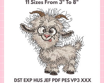 Borduurontwerp pluizige geit – cartoon boerderijdier – 11 maten – direct digitaal downloaden