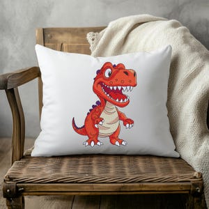 White pillow with cartoon dinosaur embroidery design T rex machine embroidery file for home decor and kids room