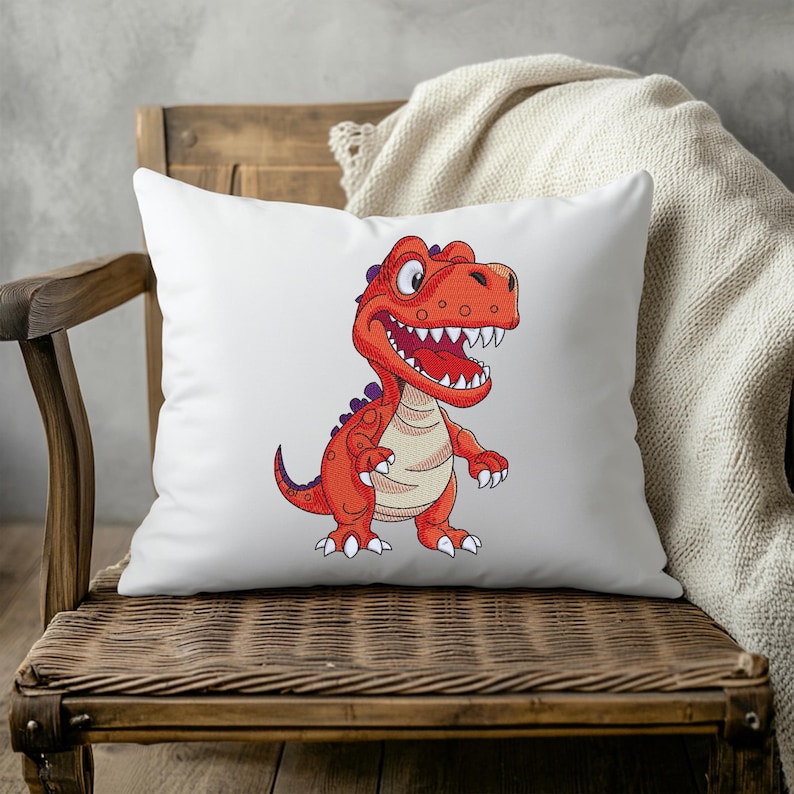 White pillow with cartoon dinosaur embroidery design T rex machine embroidery file for home decor and kids room