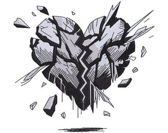 Borduurpatroon 'Shattered Heart' (gebroken hart), borduurbestand met schets van een gebarsten steen.
