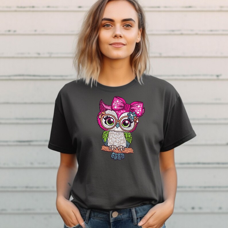 Woman wearing black t-shirt with Pink Bow Owl Embroidery Design – Digital Machine Embroidery File for Hoop Sizes 3 to 8 Inches