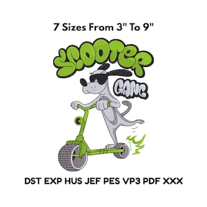 May include: A cartoon dog wearing sunglasses rides a green scooter. The text "Scooter Gang" is above the dog. The text "7 Sizes From 3" To 9" is above the scooter. The image also contains the text "DST EXP HUS JEF PES VP3 PDF XXX".