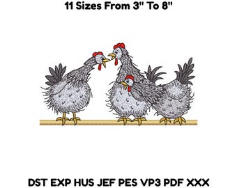 Farmhouse Chicken Embroidery Design – Rustic Hen Trio 3–8 Inch Digital File