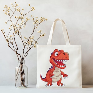 Canvas tote bag with cartoon dinosaur embroidery design T rex machine embroidery file for DIY projects and accessories