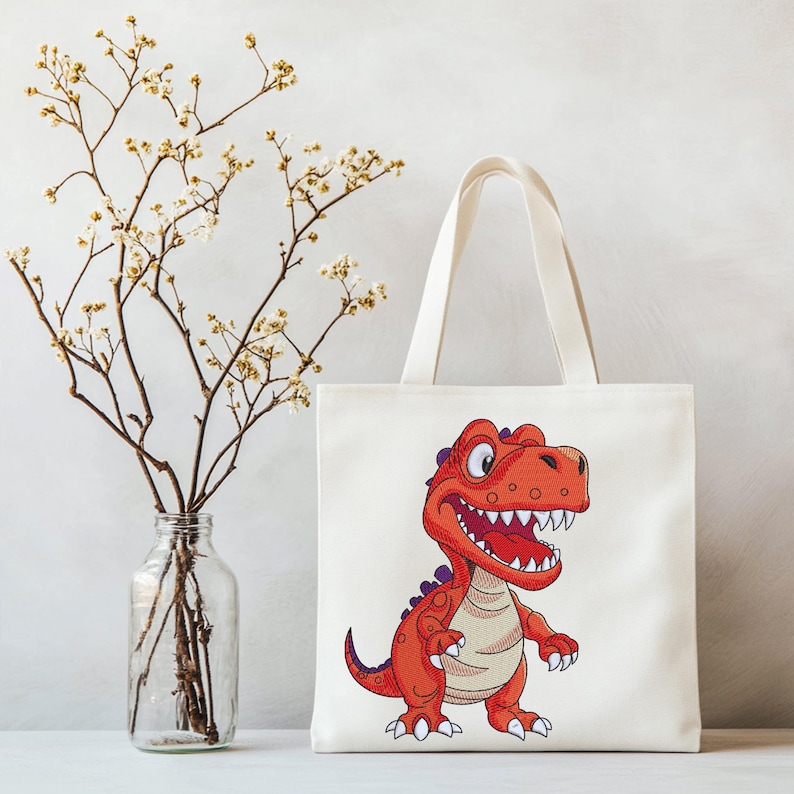 Canvas tote bag with cartoon dinosaur embroidery design T rex machine embroidery file for DIY projects and accessories