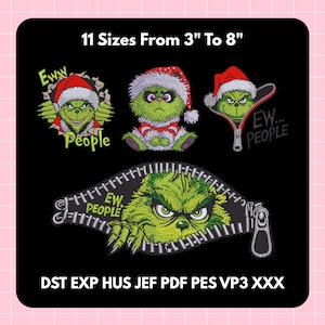 Könnte beinhalten: Schwarzer Hintergrund mit Grinch-Designs, die Weihnachtsmützen tragen und den Text "Eww People". Der Text "11 Größen Von 3" Bis 8"" befindet sich oben. Die Designs variieren von 7,6 cm bis 20,3 cm.