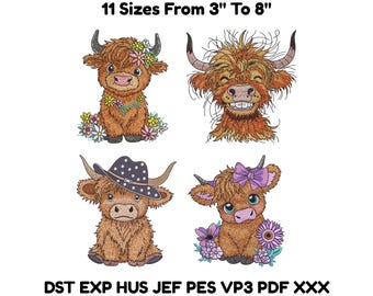 Highland Cow Embroidery Bundle – 4 Farm Animal Designs – 11 Sizes – Instant Download