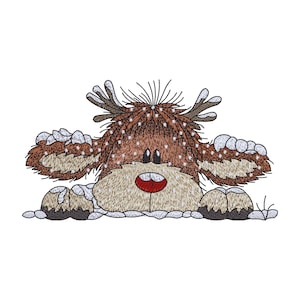 May include: An embroidered design of a brown Highland cow with shaggy fur, small antlers, and a red nose, partially covered in white snow. The cow has large ears, a light tan muzzle, and dark hooves, depicted in a cartoon style with stitching.