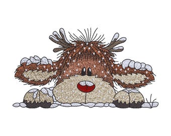 Snowy Reindeer Machine Embroidery Design, Peeking Christmas Deer with Red Nose, 7 Sizes, Digital File