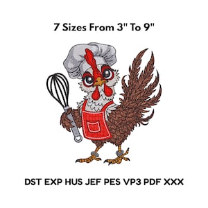 Motif de broderie chef poulet, motif poule de cuisine, 7 tailles 3-9 pouces, fichier de broderie Machine