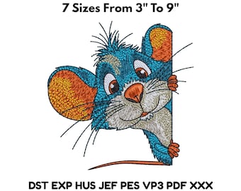 Borduurontwerp grappige muis, Peeker Rat-bestand 7 maten 3–9 inch