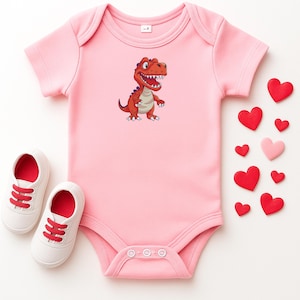 Pink baby onesie with cartoon dinosaur embroidery design T rex machine embroidery file for baby clothes and gifts