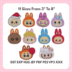 Può includere: Una collezione di undici toppe ricamate raffiguranti personaggi di coniglietti dei cartoni animati con varie espressioni e accessori. Le toppe variano in dimensioni da 7.6 cm a 20.3 cm. L'immagine include il testo "11 Sizes From 3" To 8" e le abbreviazioni dei tipi di file.