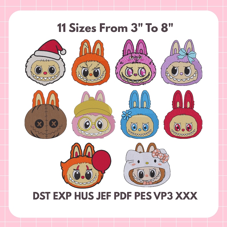 Kawaii cartoon monster bunny embroidery designs – digital embroidery files in 11 sizes for machine use