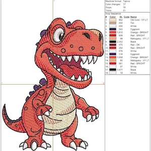 Dinosaur embroidery design stitch details T rex embroidery file production worksheet with size color steps and machine format information