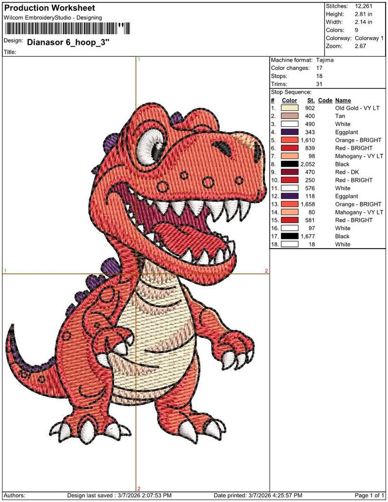 Dinosaur embroidery design stitch details T rex embroidery file production worksheet with size color steps and machine format information
